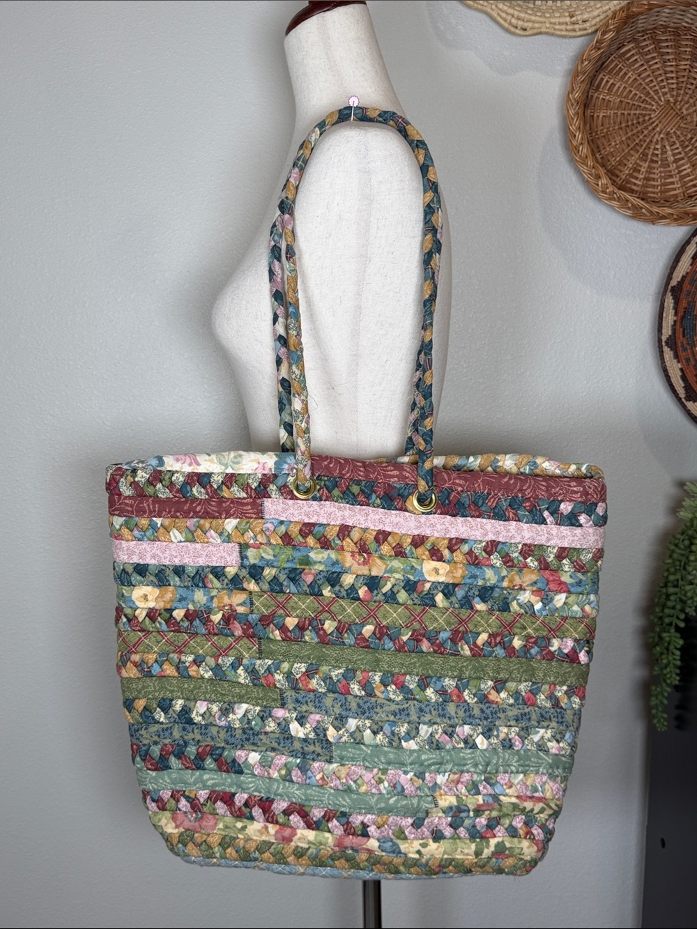 Handmade Fabric Braided Boho Art Purse Book Bag Hobo Bag Pink Blue